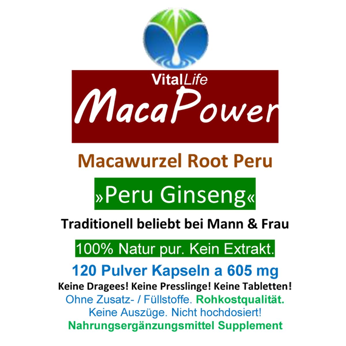 MACA 360 (3x120) Kapseln Wurzel Pulver aus PERU für Mann & Frau Ausdauer & Energie im Alltag. NATUR pur. NICHT hochdosiert. OHNE Zusatzstoffe. OHNE Füllstoffe 26625-3