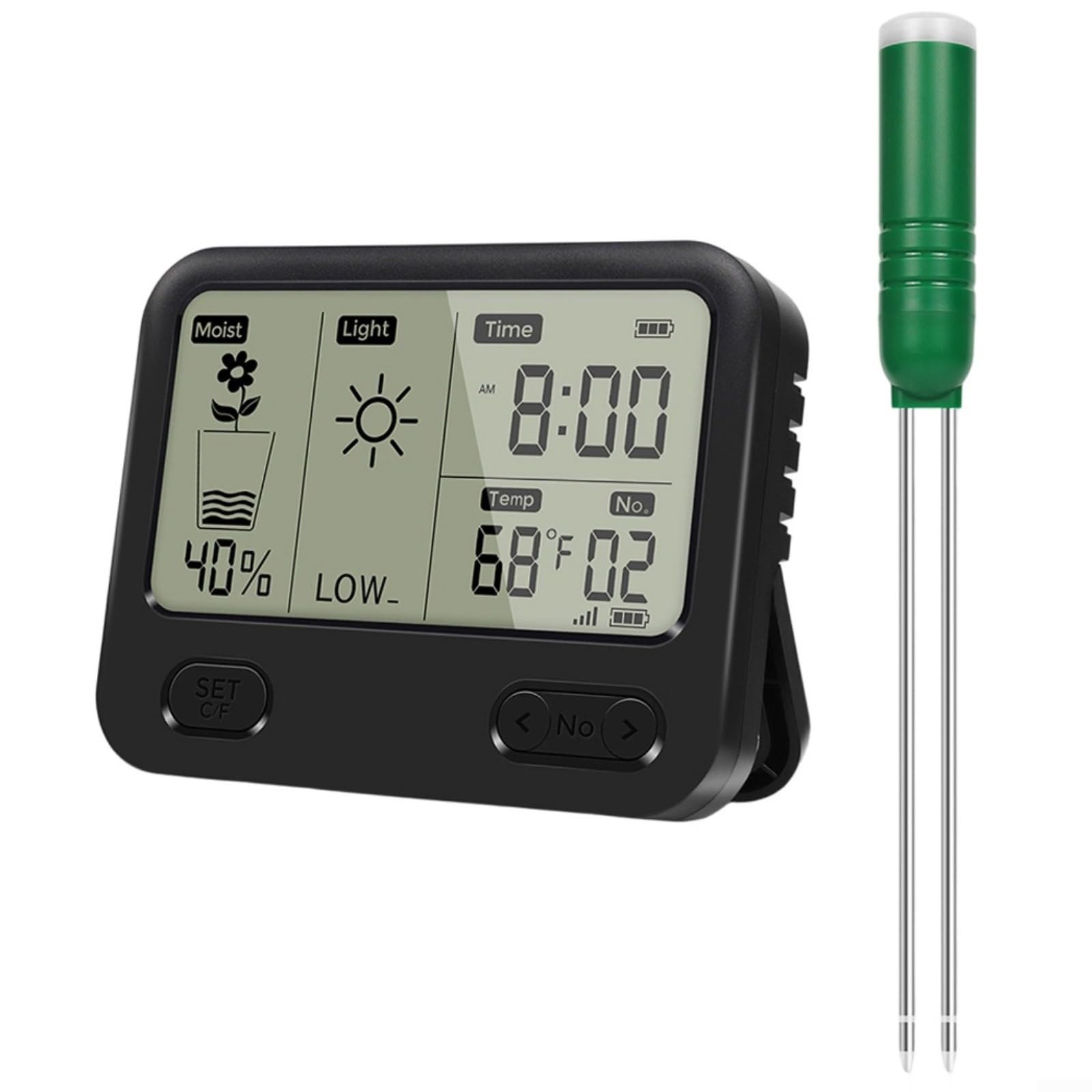 Hygromètre de sol sans fil, thermomètre numérique 4 en 1 avec mesure de la température, de la lumière et du temps, étanche IPX5