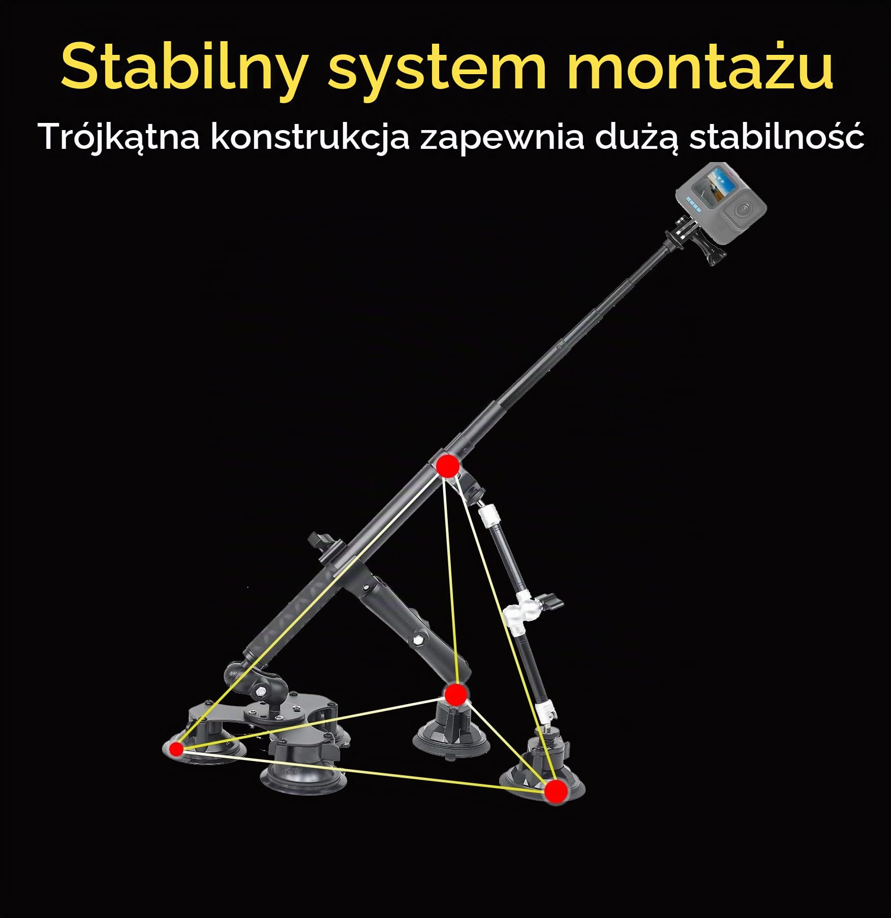 Zestaw do montażu kamery 360 do Insta360 X5/ X4/X3, GoPro Max, Hero 13, Hero 11-5 przyssawki z drążkiem przedłużającym do dużych obciążeń, nagrań samochodowych na niskich wysokościach, do