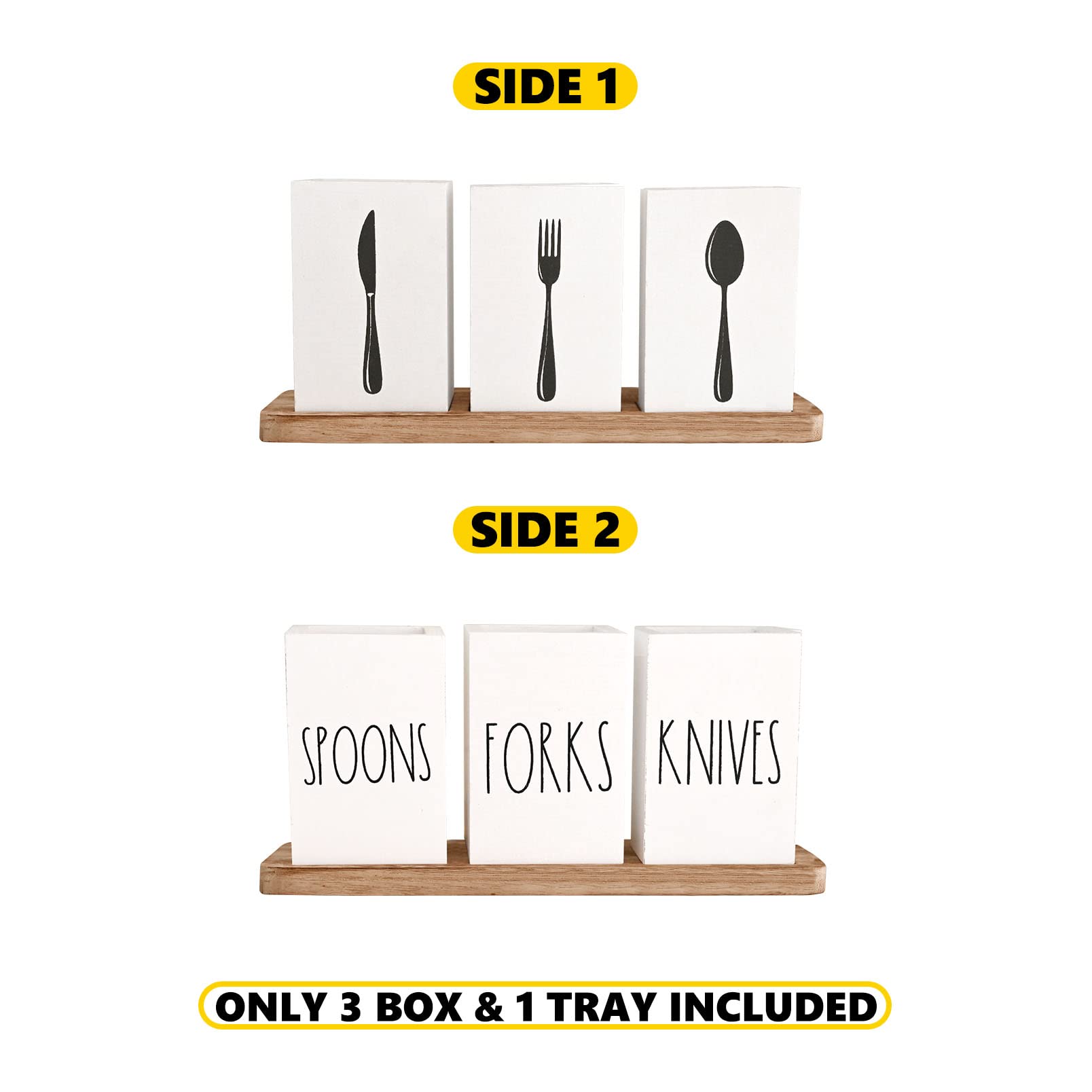 CHONIC Farmhouse Silverware Holder, Rustic Wood Silverware Caddy With Tray Spoon Fork Knives Flatware Dispenser Utensil Countertop Organizer Plastic Cutlery Holder For Kitchen Party White