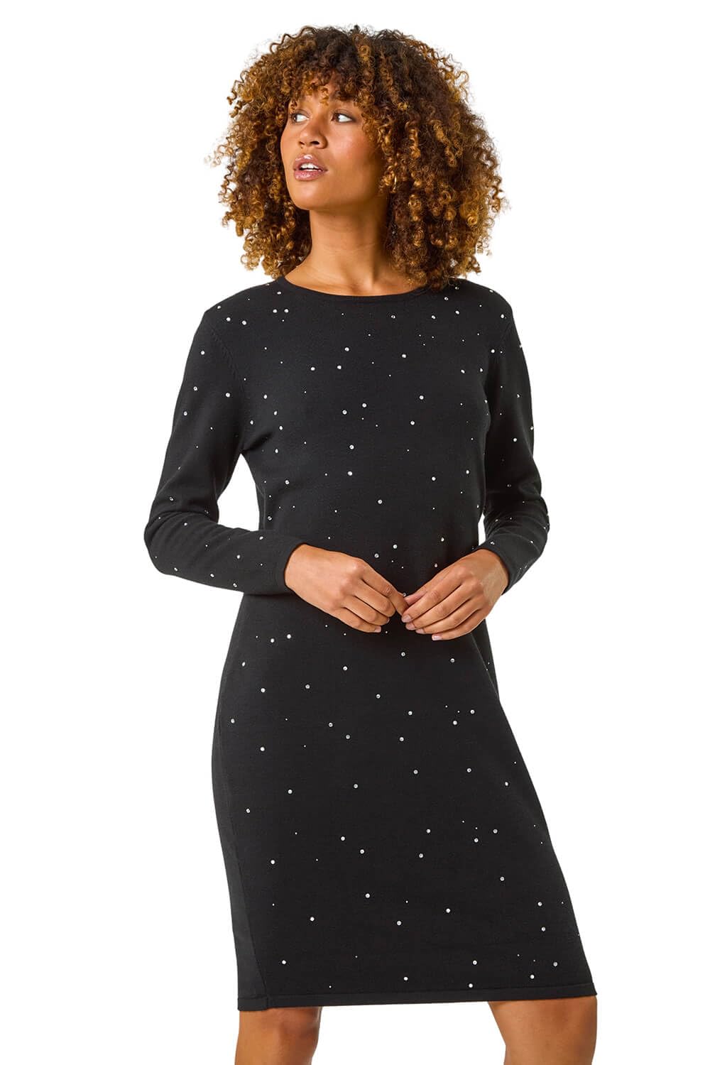 Roman Originals Women's Sparkly Black Hotfix Embellished Knitted Dress For Uk - Everyday Autumn Winter Round Neckline Comfy Soft Evening Vacation Work Party Night Out - Size 16