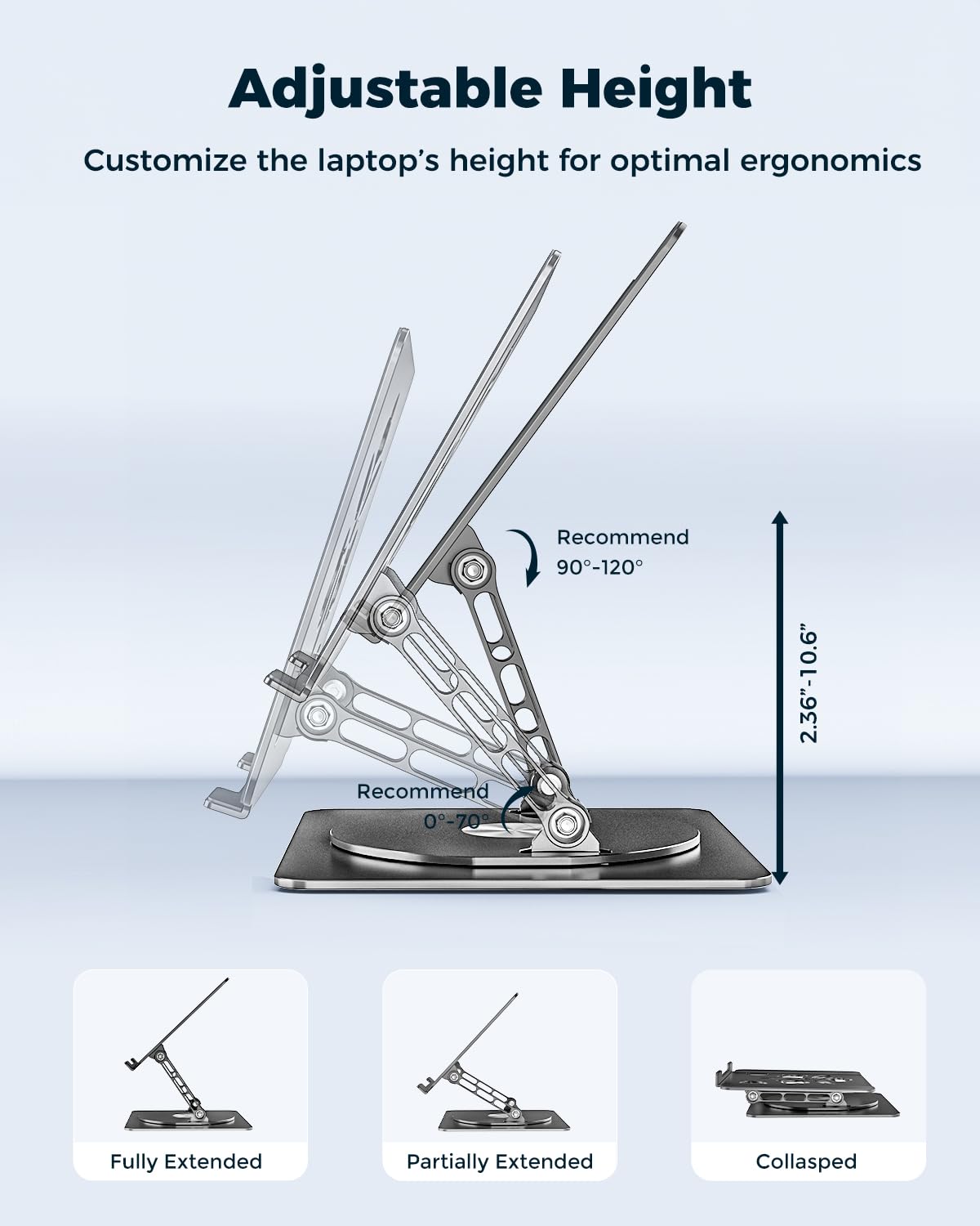 Aoviho Soporte ajustable para computadora portátil con base giratoria de 360°, soporte elevador ergonómico de aluminio para laptop, soporte portátil para MacBook Pro/Air, Dell, HP, Lenovo de hasta