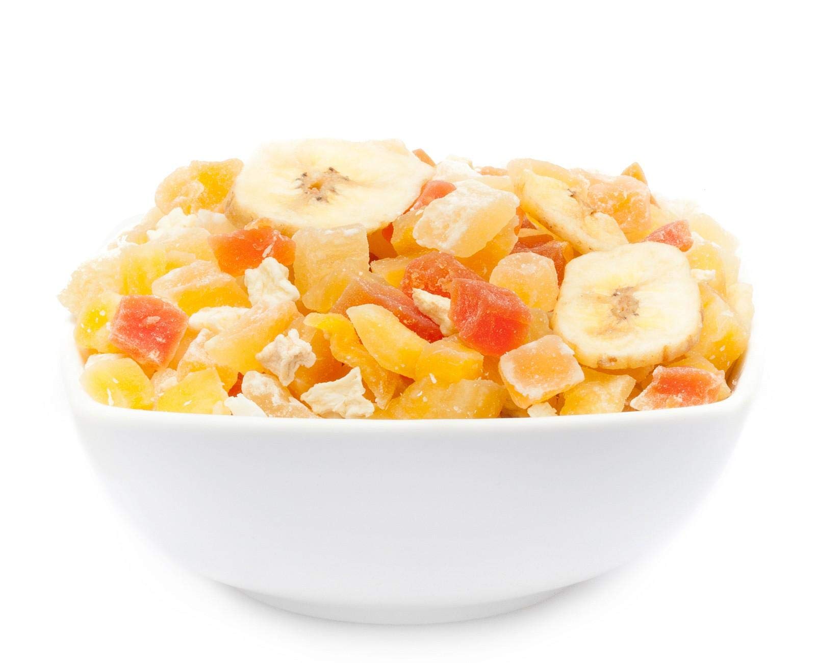 1 x 3kg Exotische Fruchtmischung kandierte Fruchtstücke Papaya Mango Melone Ananas Kokos Apfel Banane fettarm salzfrei vegetarisch glutenfrei laktosefrei