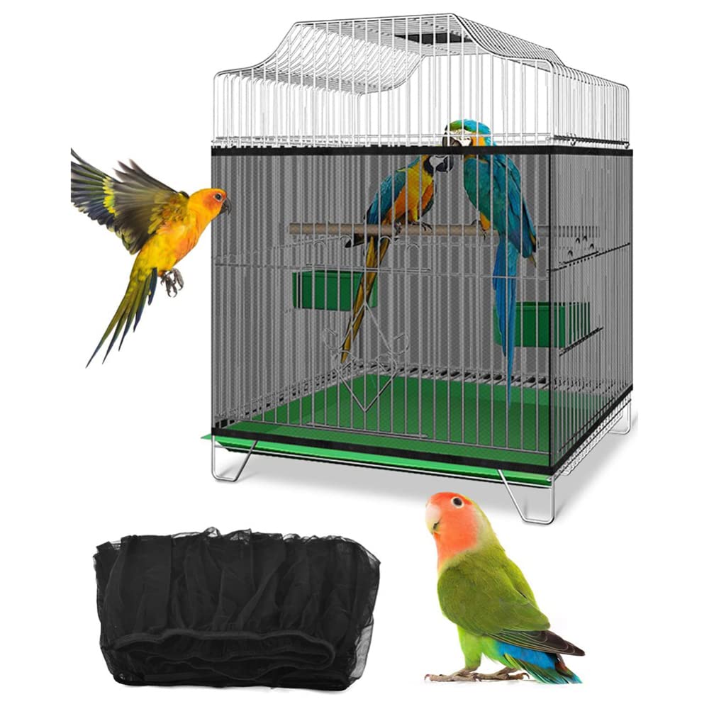 Uneeruiqy Parrot Bird Cage Cover, Stretchy Form Fitting Mesh Skirt Cover for Parrot Enclosures, Adjustable Birdcage Seed Catcher Bird Cage Net Cover Soft Skirt Guard