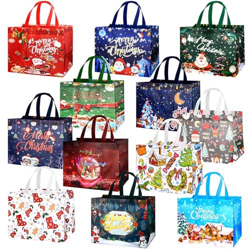 12PCS Christmas Gift Bags - Waterproof Non-Woven Fabric with 12 Unique Festive Designs - Perfect for Holiday Gift Wrapping, Candy Containers, and Christmas Decorations - Durable, Reusable Tote Bags