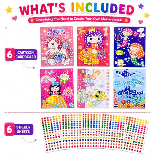 Image of PLUSPOINT Dot Sticker Art Kit for Kids, 6 Cartoon Cardboard Boards & 6 Color Sticker Sheets, DIY Mosaic Sticker Craft Activity Set, Fine Motor Skills Learning Toy, Birthday Gift for Kids Age 3+ Years