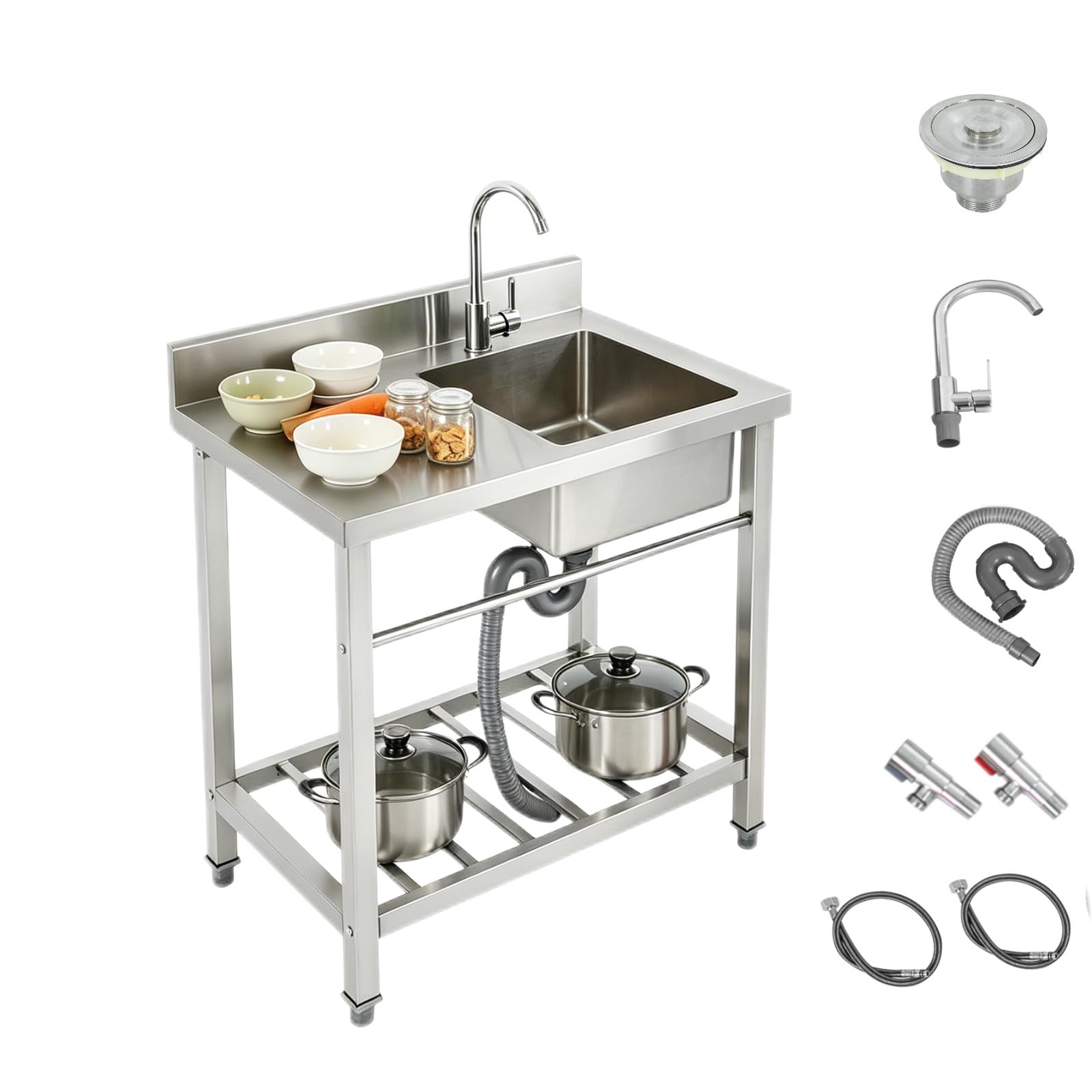 Spüle mit Unterschrank, Freistehend Edelstahl Waschbecken 80x55x84cm, Freistehendes Einzelbecken mit Arbeitsplatte, Gewerbliche Spültisch, Handelsrestaurant Küchenspüle