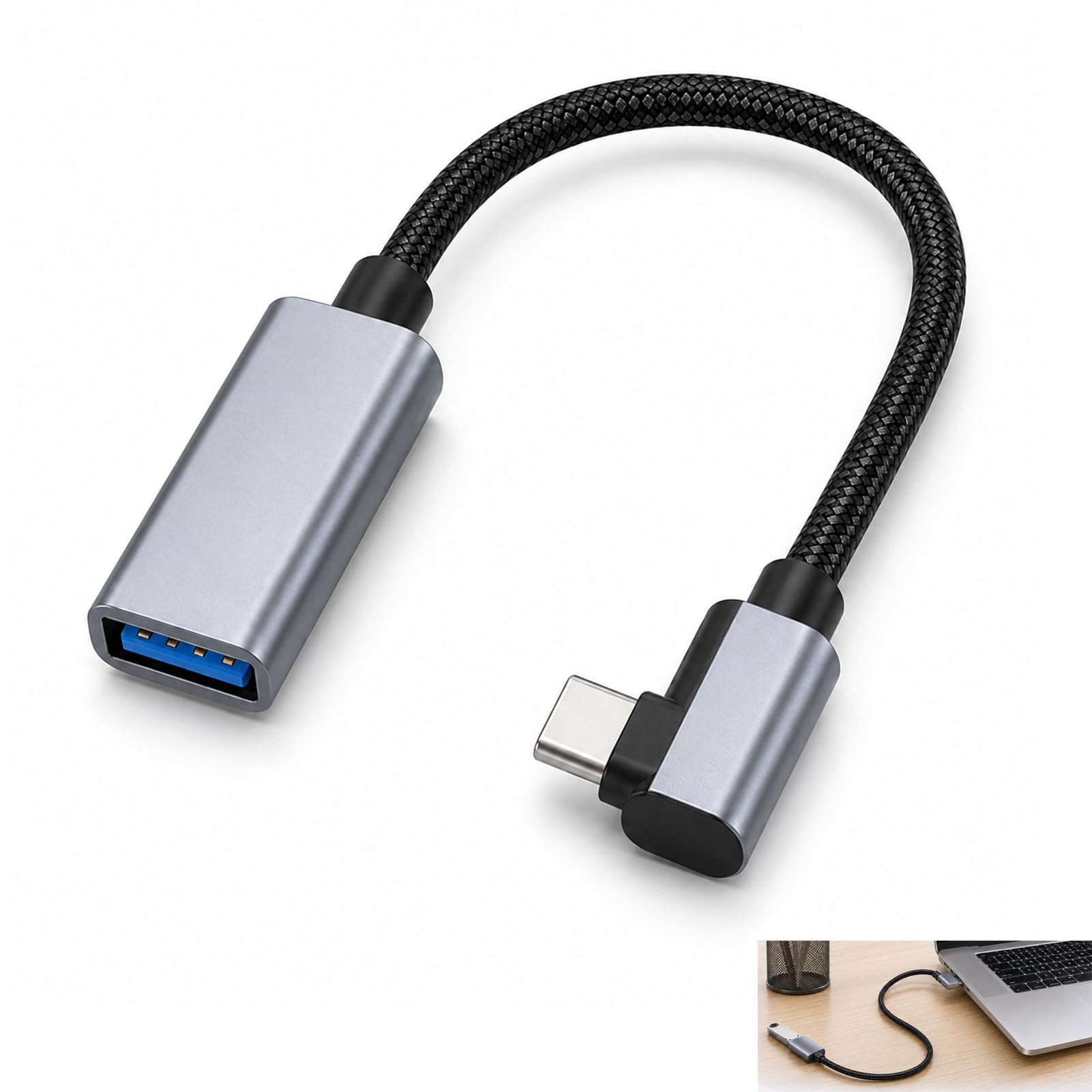 USB-C OTG Kabel, OTG Adapterkabel USB C 30cm 3.0 mit 90 Grad Winkel Typ C Stecker auf USB Buchse Konverter für Smartphone Tablet Laptop MacBook Tastatur Maus Hub Geräte, Datenübertragung bis 5Gbps