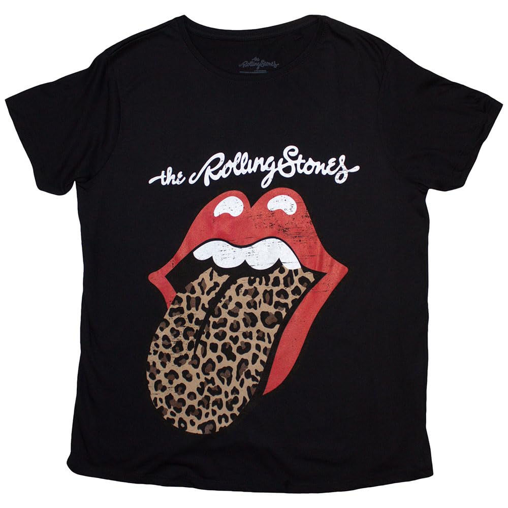 Rolling Stones The T Shirt Leopard Print Tongue Official Womens Skinny Fit Black XXL