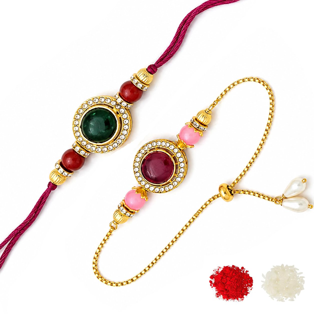 Brother Glorious Kundan Combo & Designer Gold Plated Bhaiya Bhabhi Rakhi Set with Roli Chawal, Greeting Card and and One Motivational Keychain(J3SK)-image-36