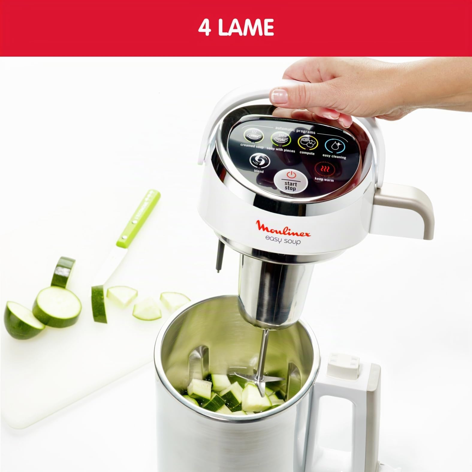 Moulinex LM841110 Easy Soup, Soup Maker con Acciaio Inossidabile, Facile Da Usare per Preparare Zuppe e Frullati, Capacità 1.2 Litri, 4 Programmi di Cottura e Sistema di Mantenimento al Caldo