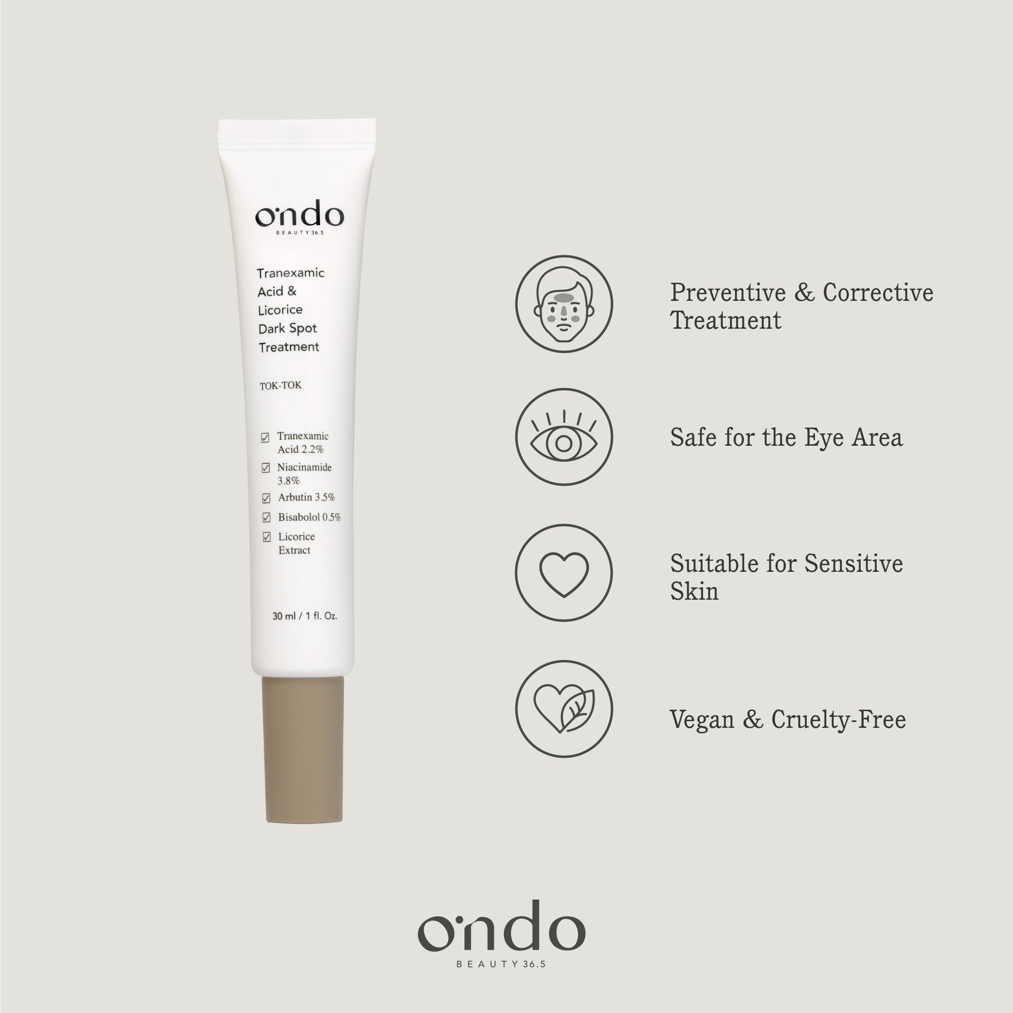 Ondo Beauty 36.5 TRANEXAMIC ACID & LICORICE DARK SPOT TREATMENT, Wegański krem z kwasem traneksamowym i niacynamidem, zabieg na plamy na twarzy, przebarwienia, jednolity odcień skóry, 30 ml
