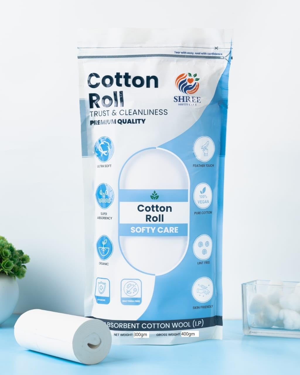 Softy Care Premium Cotton Roll 400g | Ultra-Soft, Highly Absorbent, Hygienic Cotton Wool | Zip-Lock Pack | Baby Care, First Aid & Skincare Use | Ideal for Makeup Removal, Cotton Pads for Face, Medical Use -GMP Certified,Micro Biological Tested.