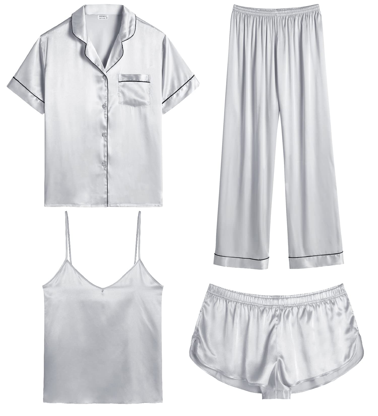 SWOMOG Womens Silk Satin Pajamas Sets 4pcs Sleepwear Sexy Cami Shorts Set and Button Down Short Sleeve Pjs Loungewear