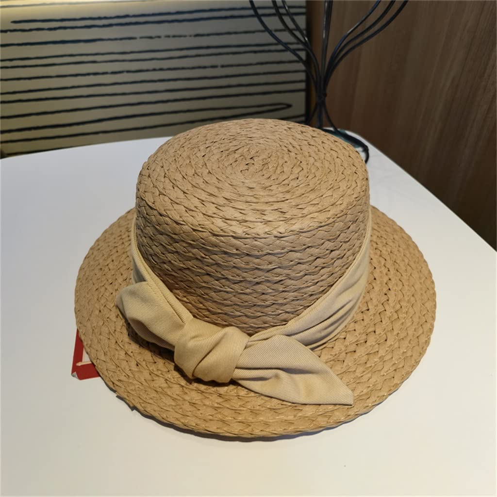 Strandhut, Hüte für Damen, flach, für Kinder, Babys, Mädchen, Kind, Schleife, süß, Sommer, Outdoor, Kinder, Sonnenhut, Khaki-Hüte (Farbe: Natur, Größe: 52–54 cm (Kinder)) (Beige 52)