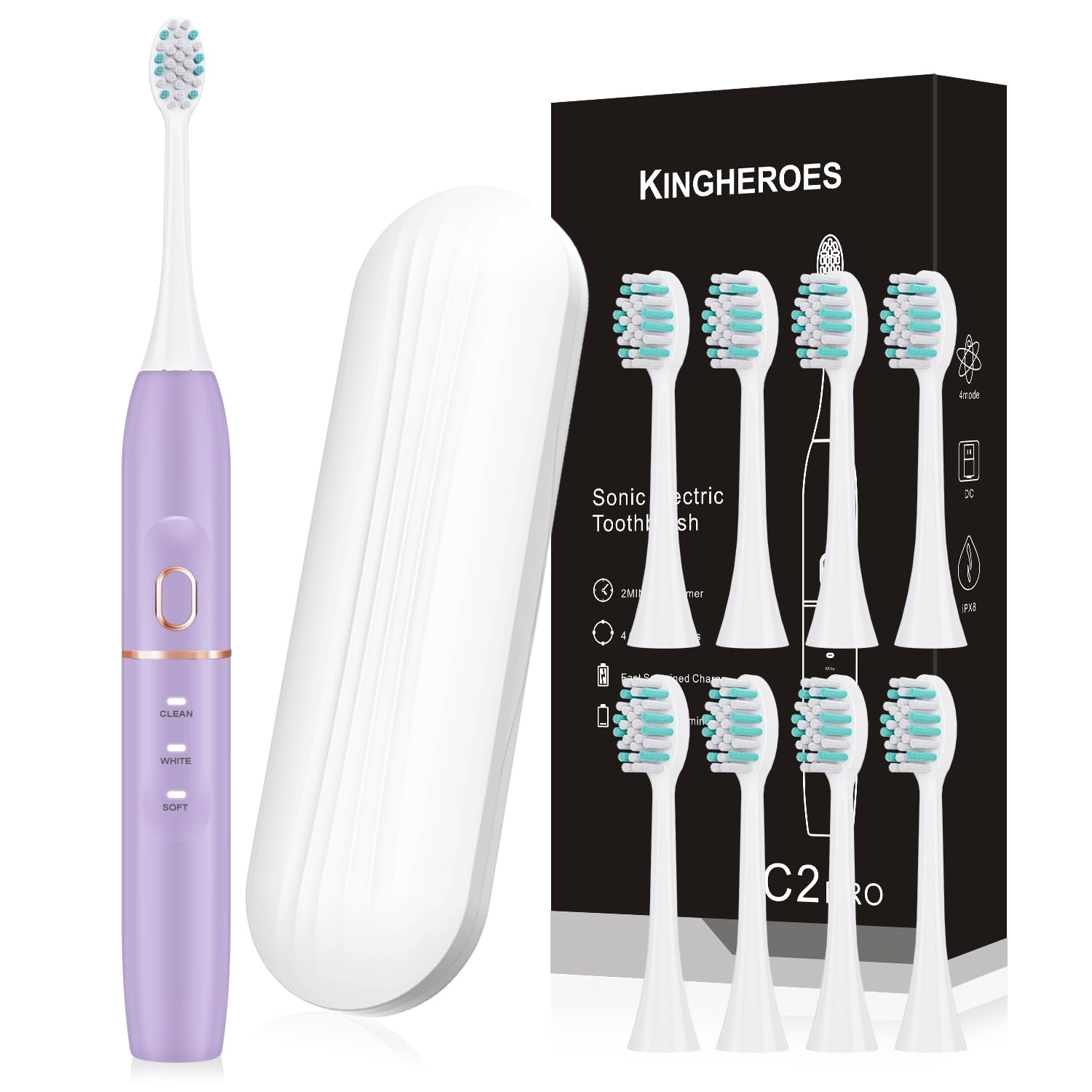 Electric Toothbrush Set, Comes with 8 Brush Heads & Travel Case,4 Modes with 2 Minutes Built in Smart Timer, One Charge for 60 Days, 42000 VPM Motor (Purple)
