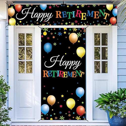 HTDZZI Happy Retirement Banner Set, Blue Retirement Yard Sign Photo Booth Props Poster Backdrop for Retirement Party Favor Decor Supplies for Women Men, Teacher Retirement Decorations Gift, Fabric