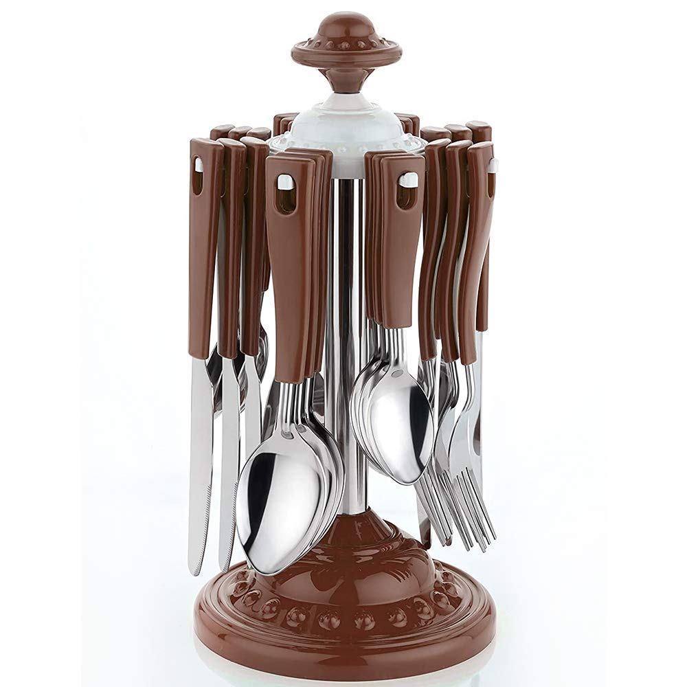 Dweezhet Cutlery Set Stainless Steel 24 Pieces Brown Cutlery Super Set with Stand Holder for Spoon and Fork 6 Tea Spoon, 6 Dessert Spoon, 6 Dessert Fork, 6 Butter Knife, 1 Stand Brown (Pack of 1)