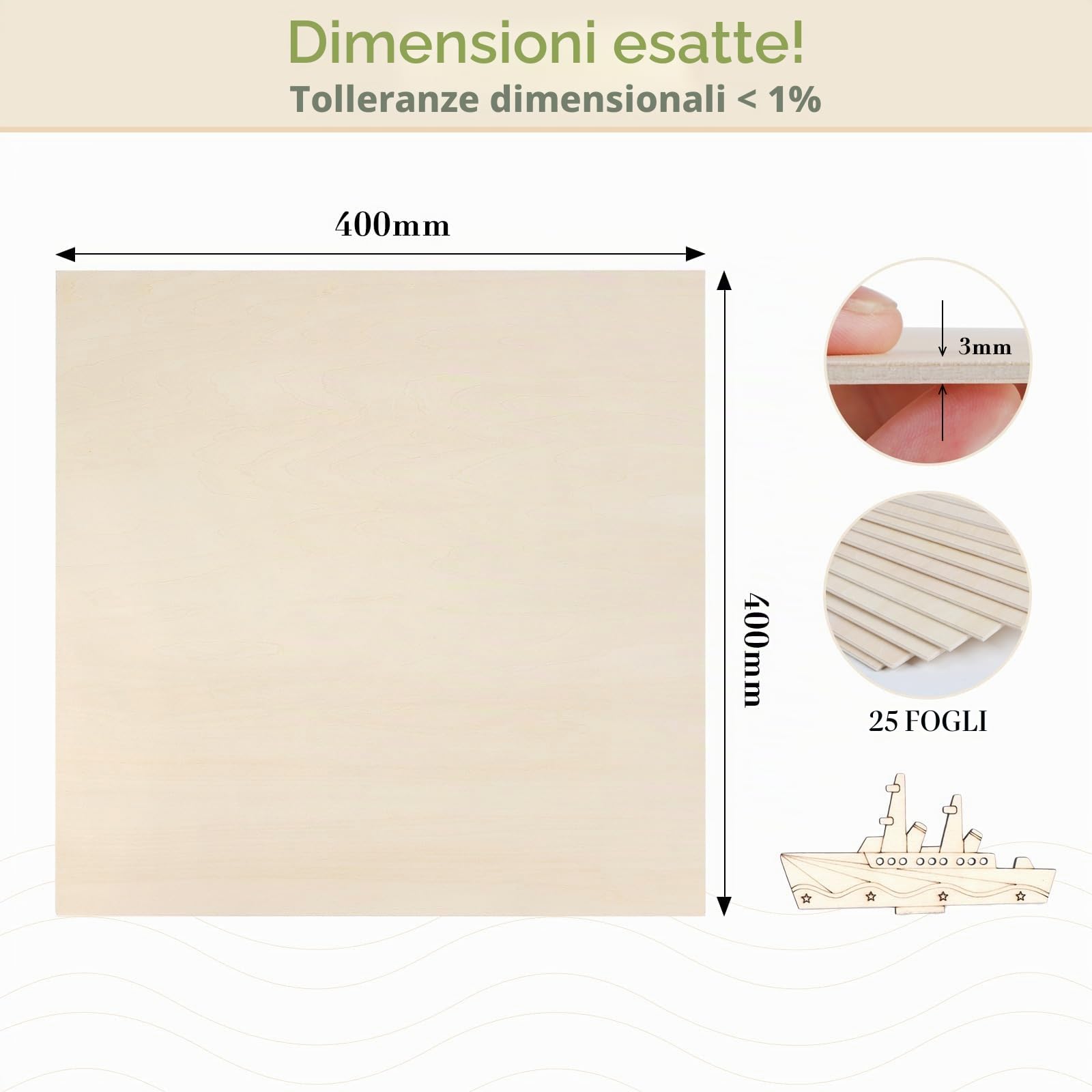 SWAWIS 25 Pezzi Compensato 3mm, 400 * 400mm Pannello Legno, Compensato di Tiglio, Tavole per L'artigianato, Pannelli in Legno per Traforo DIY Taglio Laser Modellismo Deco
