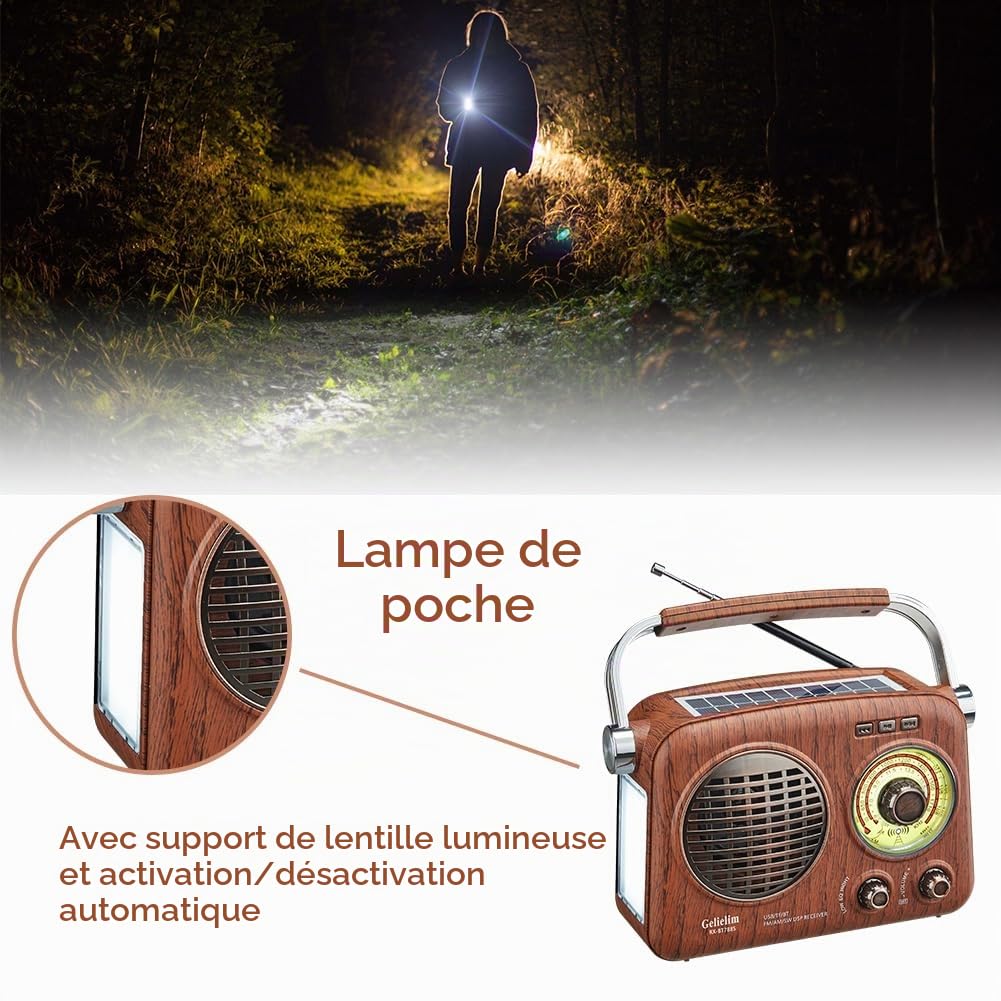 Gelielim Radio rétro portable, radio AM FM courte avec meilleure réception, petite radio vintage avec haut-parleur Bluetooth, prend en charge carte TF/lecteur USB, lampe de poche d'urgence