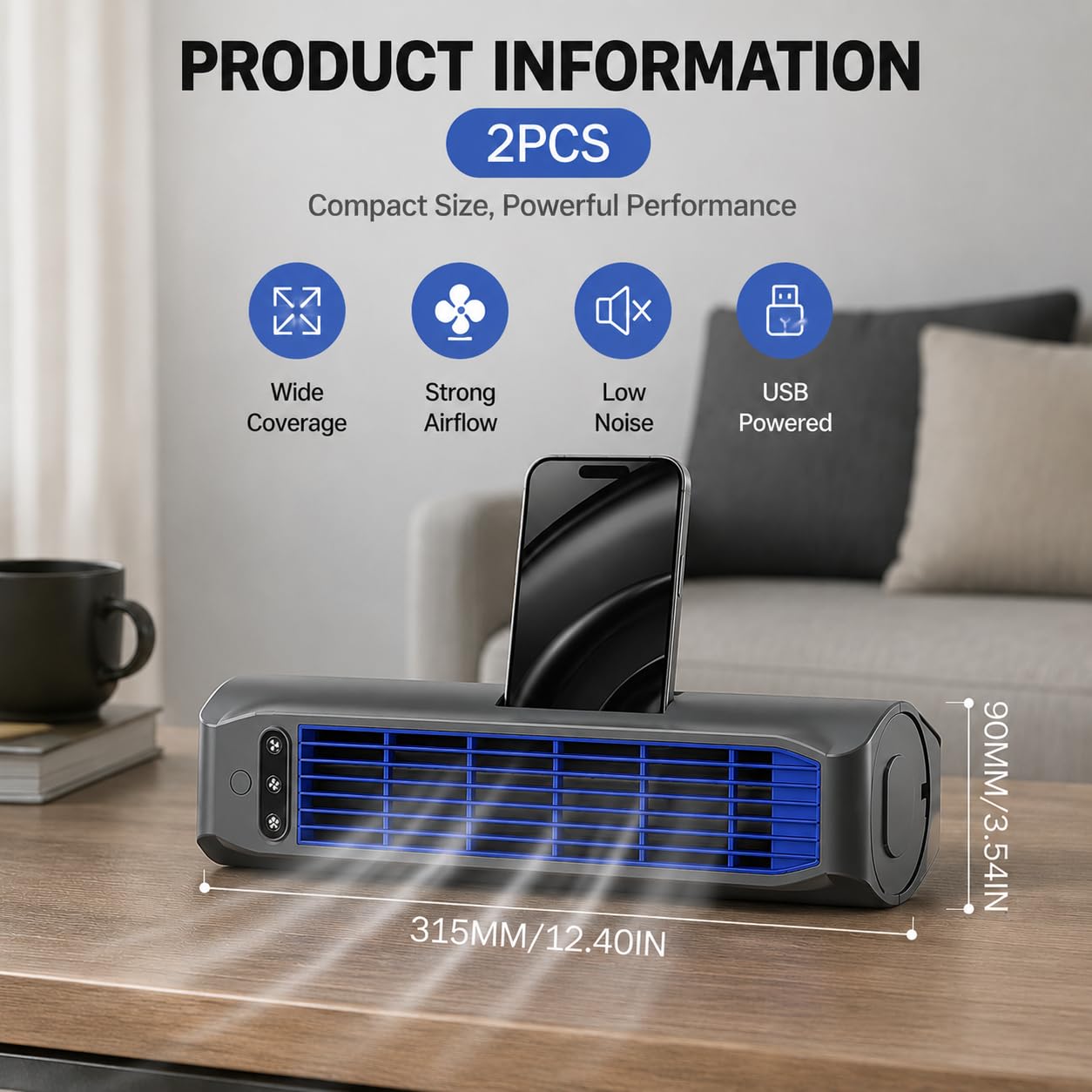 Ventilatore a Torre Portatile Senza Pale, circolatore d'Aria Ricaricabile Wireless con Tecnologia a Flusso Incrociato, Ventilatore Personale Silenzioso a 3 velocità per scrivania/Parete/Piano,Nero