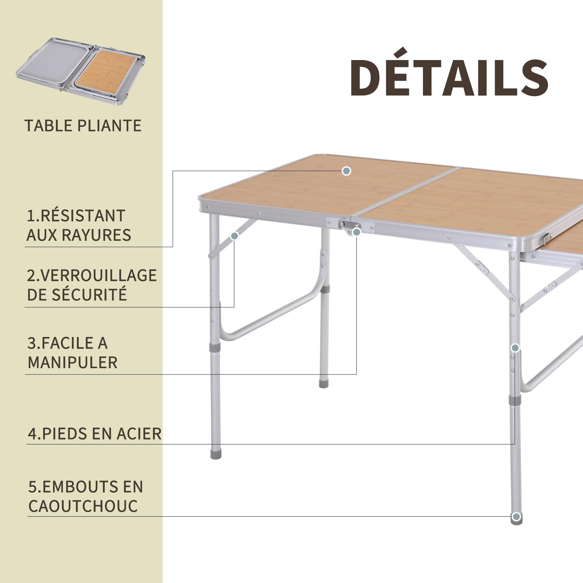 Outsunny Tavolo da picnic in alluminio 3ft con piano laterale, pieghevole | Per feste BBQ all'aperto, portatile, leggero