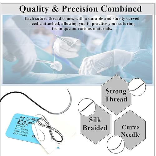 Miniatura 4 de HTI - Hilo de sutura de entrenamiento 3-0 de seda estéril con caja de agujas de 12 piezas para kit de entrenamiento de estudiantes de enfermería RN,