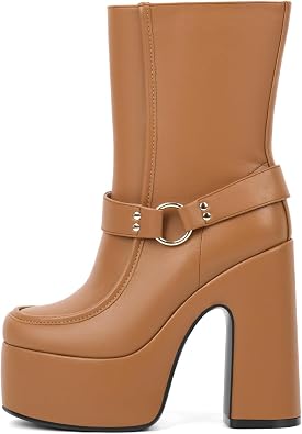 onlymaker Womens Retro Boots Chunky Heel Mid-Calf Platform with Ankle Strap Metal Ring Studs