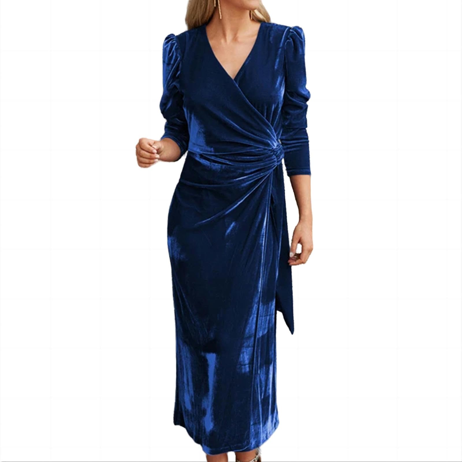 Sukienki damskie elegancka sukienka midi bodycon damska jednolity kolor dekolt w serek wiązana sukienka z długim rękawem