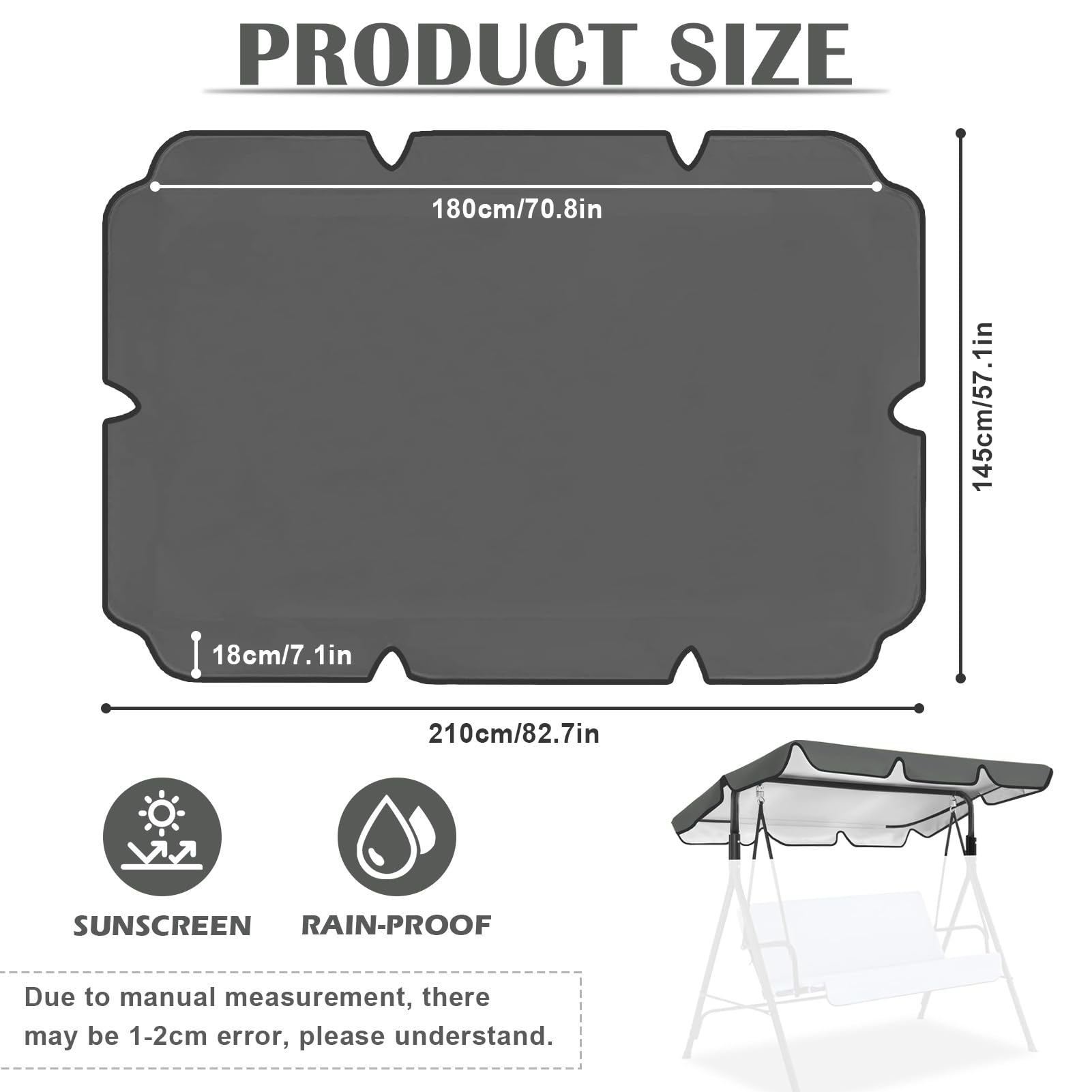 Tetto Dondolo da Giardino, Copertura Dondolo 3 Posti, Impermeabile, Protezione UV, Telo Ricambio Universale, Misure 210 x 145 cm (Grigio)