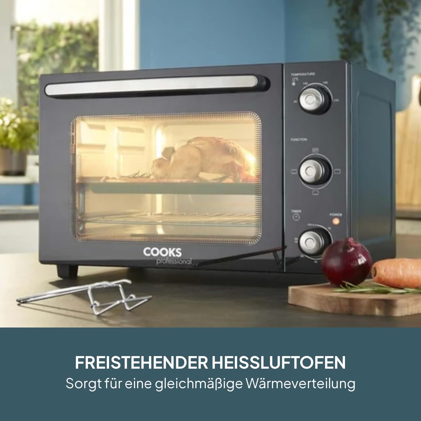 Cooks Professional Mini-Backofen | Elektrischer Multifunktions-Tischbackofen | 34 l Fassungsvermögen | 1500 W | Inkl. Bratpfanne & Gitterrost | Schwarz und Silber