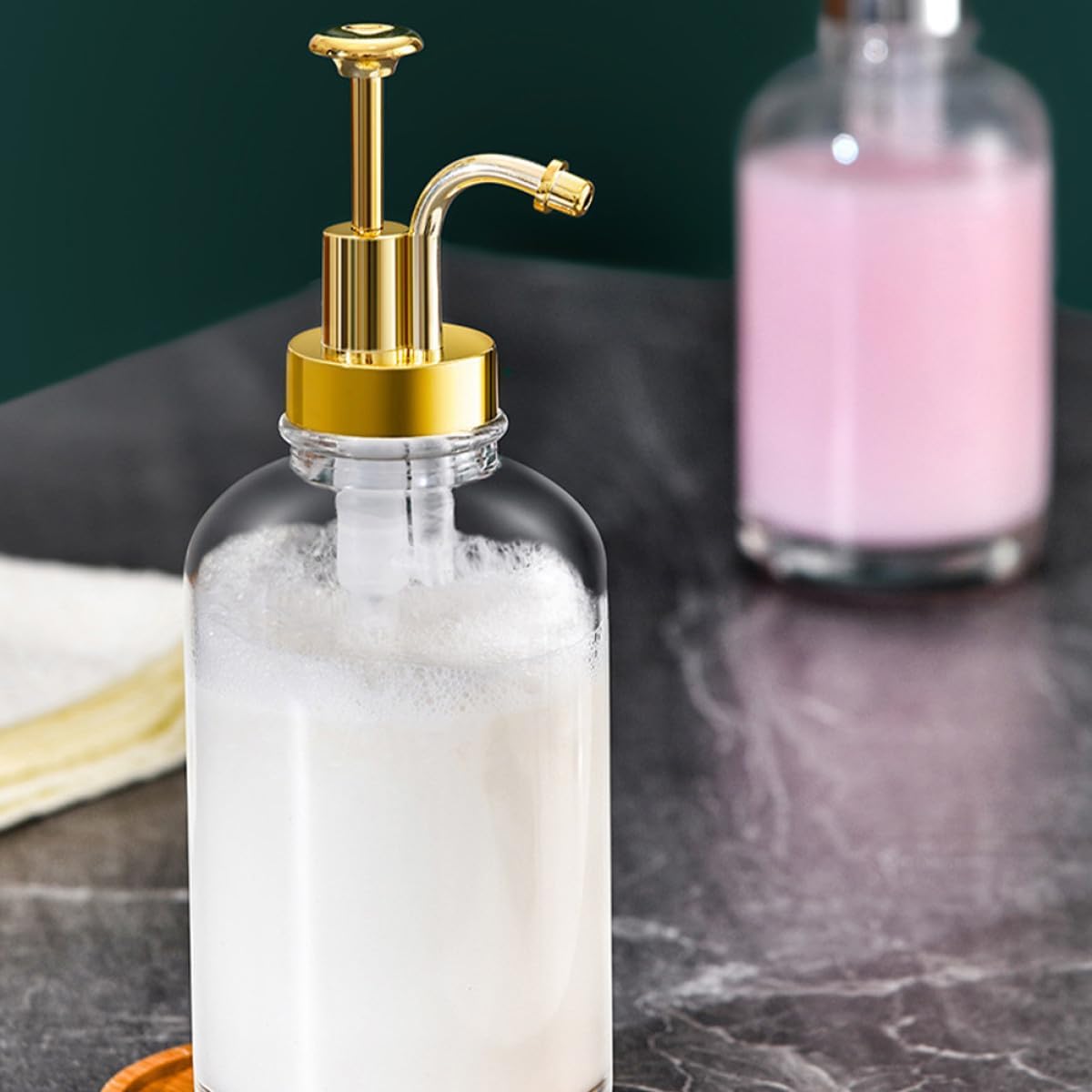 2pcs 500ml Glass Hand Soap Dispenser Bottles Refillable Pump Dispenser for Bathroom and Kitchen with Gold Pump, Funnel, Sticker, and Tray Set