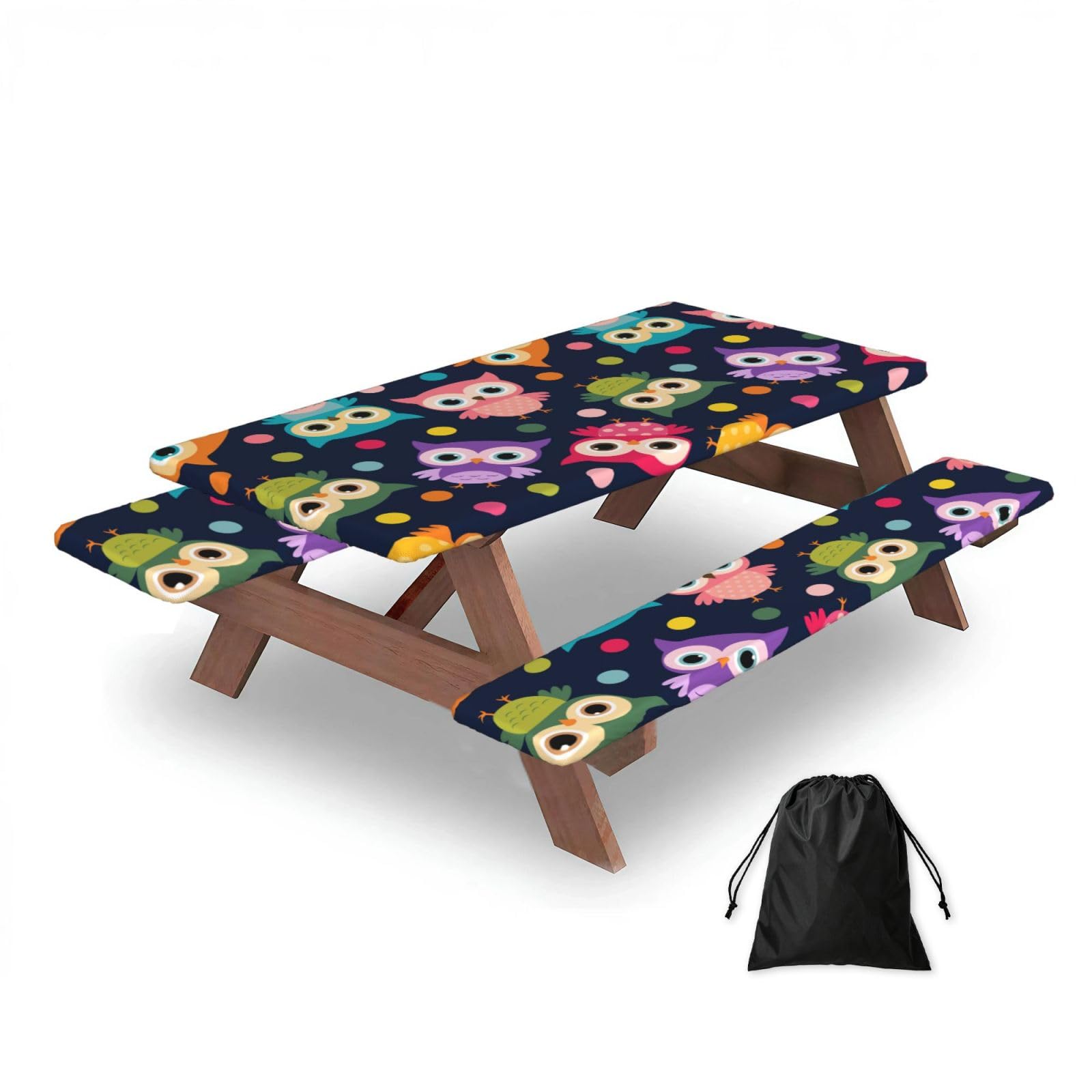 Dopklna As Picture Cute Owl Print Animal Polka Dot, Picnic Table Cover With Bench Covers -Waterproof Elastic Fitted Tablecloth For Garden Camping Patio 76X152cm