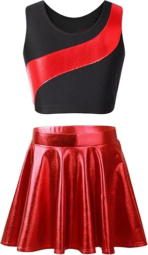 Miniatura 2 de FEESHOW Girls Kids Metallic Crop Top with Mini Skirt Ballet Dance Jazz Hip Hop Performance Competition Costumes