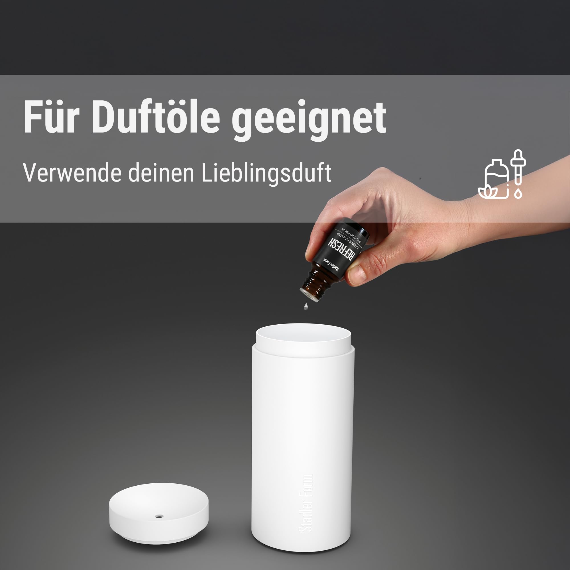 Stadler Form Aroma Diffuser Lucy, kabellos, für ätherische Öle | Mit Akku, bis 7 h Laufzeit, Ultraschall-Technologie, mit Flammen-Effekt, für Entspannung und Aromatherapie, schwarz