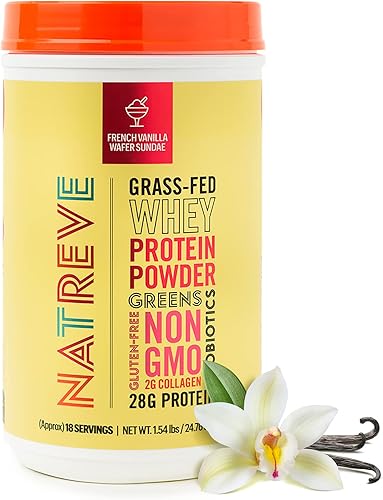 Natreve Proteína de suero en polvo, 0.99 oz de proteína de suero alimentada con pasto con aminoácidos, probióticos y colágeno, Sundae de oblea de