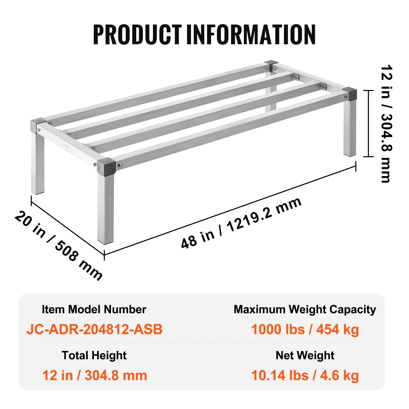 VEVOR Rack de Calage en Aluminium, 121,9x50,8x30,5 cm, Support de Stockage Commercial, Capacité de Charge 454 kg, Assemblage Facile, pour Rangement Aliments au Sol, dans Restaurants, Cuisines, Garages