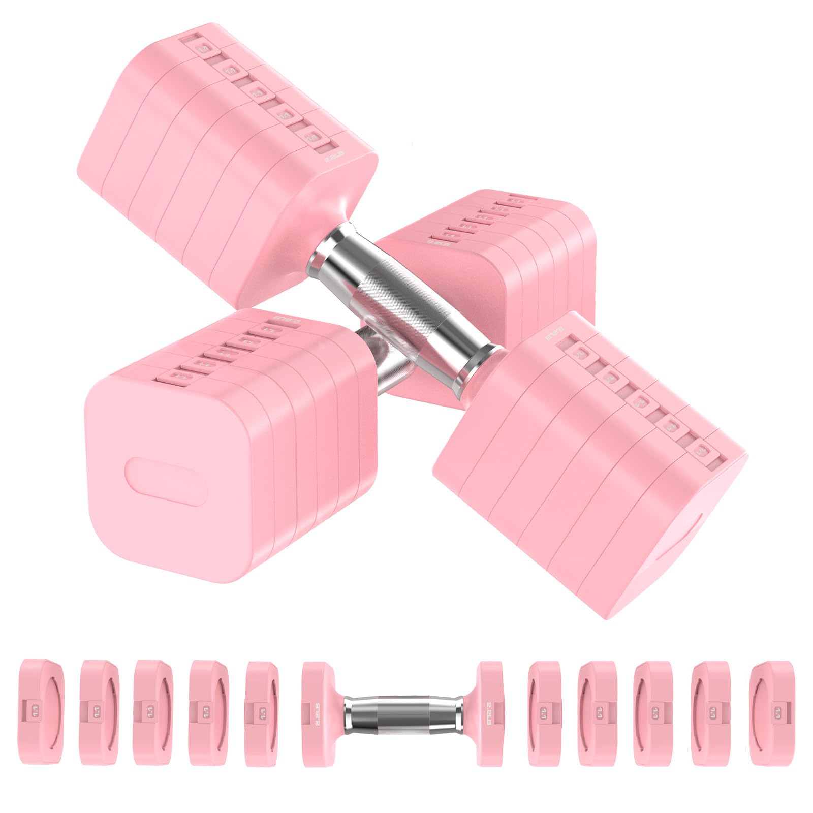 Hezeyferg 22LB 26.4LB 30.8LB Adjustable Dumbbells Set, Adjustable Weight Dumbbells with Multiple Levels, Hand Weights Sets for Women/Men Home Gym Full Body Workout (15.4LB Each (30.8LB Pair), Pink)