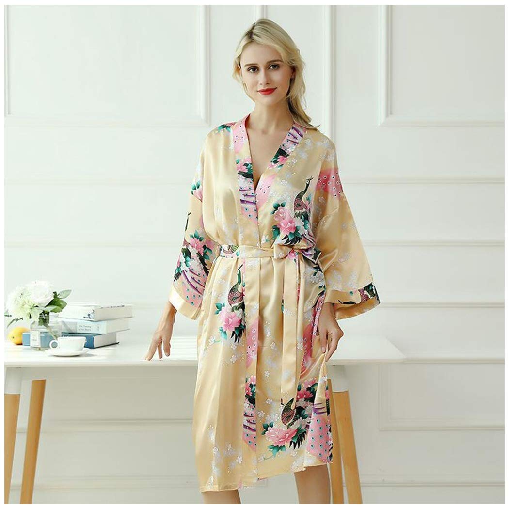 Robe de chambre longue en soie satinée | Kimono paon de luxe pour femme