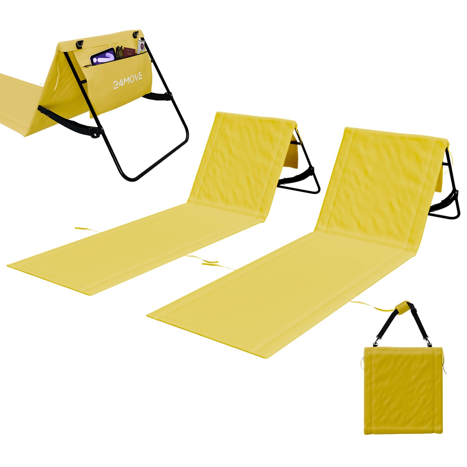 24MOVE® Strandmatte Set klappbar mit Verstellbarer Rückenlehne, Strandliege faltbar mit Schlaufen, Aufbewahrungstasche, Sonnenliege für Strand Garten, versch. Farben