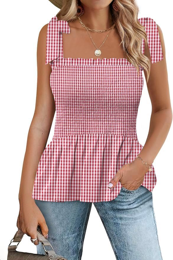 Micoson Ruffle Tank Tops for Women Summer Square Neck Sleeveless Tops Tie Shoulder Chiffon Blouse Babydoll Shirts