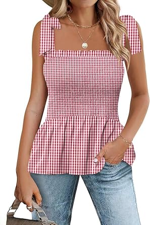 Micoson Ruffle Tank Tops for Women Summer Square Neck Sleeveless Tops Tie Shoulder Chiffon Blouse Babydoll Shirts