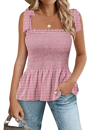 Micoson Ruffle Tank Tops for Women Summer Square Neck Sleeveless Tops Tie Shoulder Chiffon Blouse Babydoll Shirts
