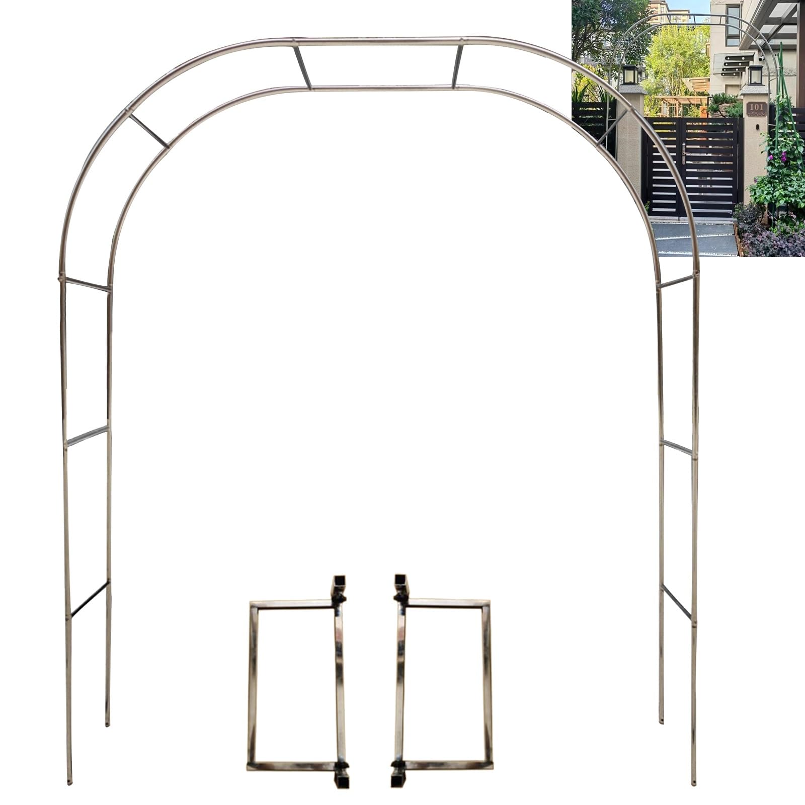 Stainless Steel Garden Arch, 240cm High X1.5/1.8/2/2.2/2.4/2.6/2.8/3/3.2/3.5/4/4.5/5m Wide, Garden Arbor For Various Climbing Plant, Wedding Arch For Ceremony(Color:25mm+base,Size:4.5*2.4m(15*7.9ft))