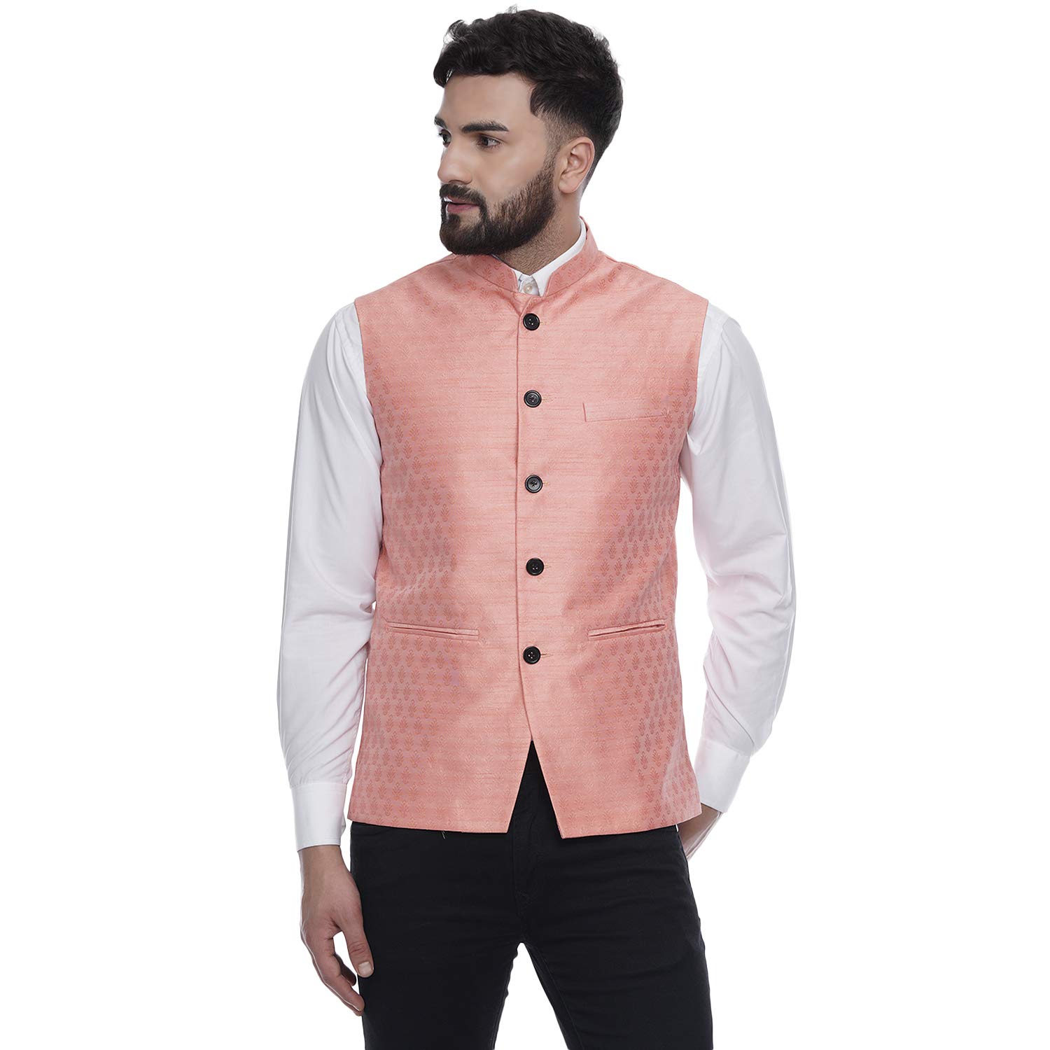 Pink Jacquard Printed Silk Nehru Jacket (pink)-image-17