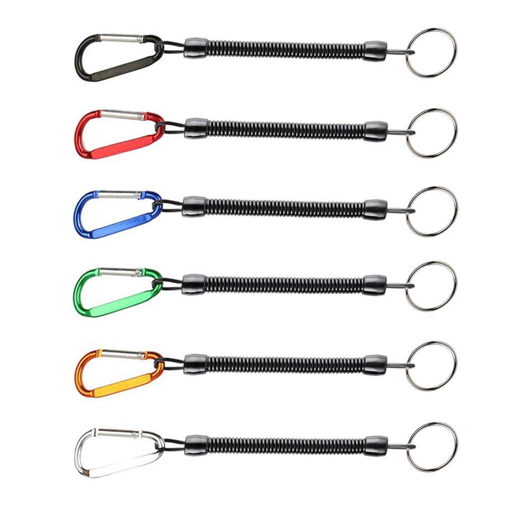 Fishing Lanyards,6 Pcs Stretchy Spiral Keyring With Color Carabiner,Retractable Coil Spring Keychain Theftproof Anti-Lost Stretch Safety Rope for Keys, Wallet, Phone, Backpack, Fishing Tool