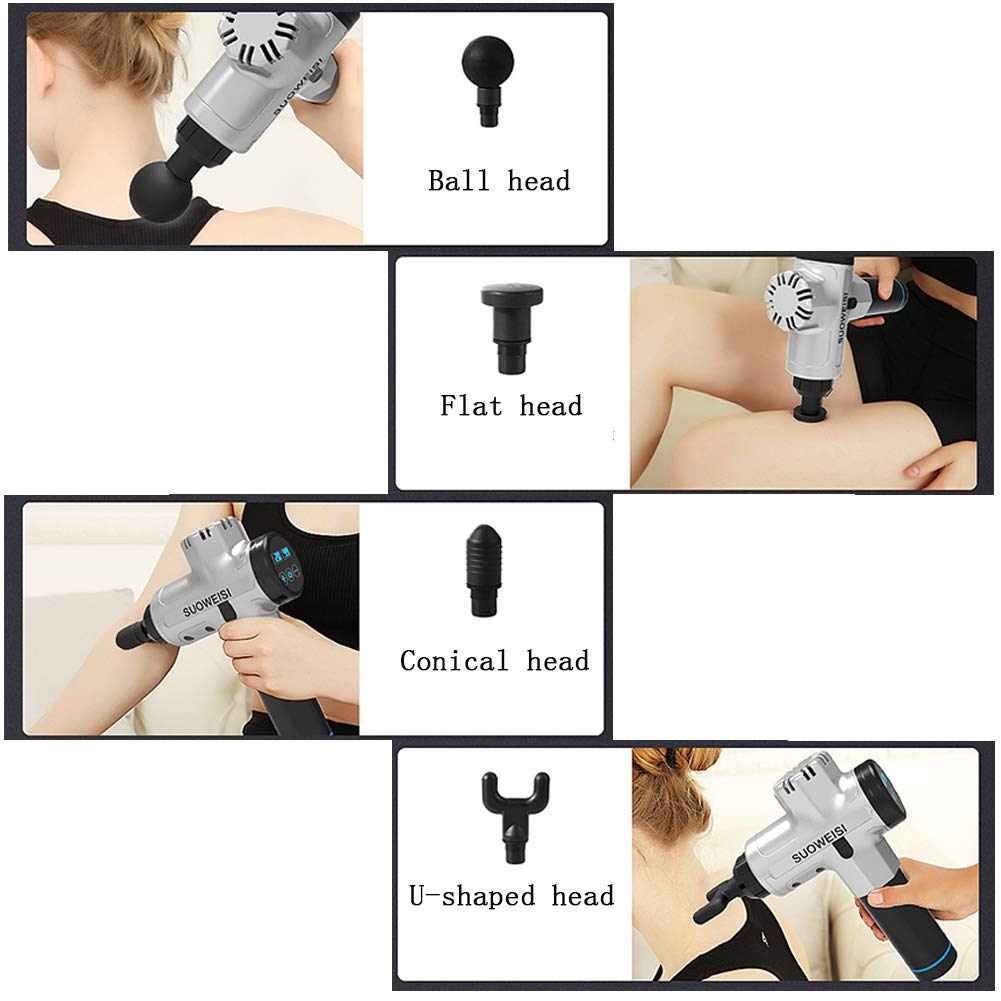 Pistola per Massaggi, Massaggiatore Muscolare Palmare per Tessuti Profondi, Pistola A Fascia Regolabile 2400mAh 20 velocità con 4 Teste di Massaggio, Riduzione Intelligente del Rumore