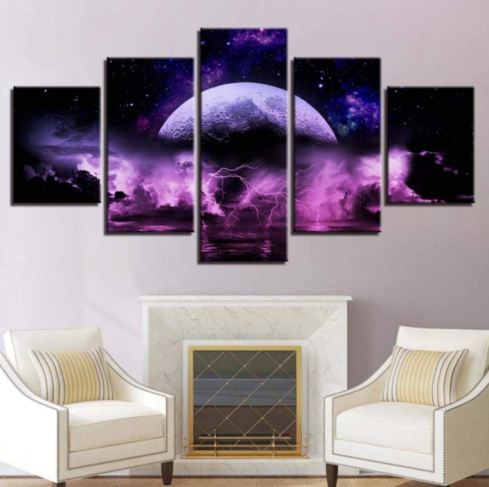 AHJJK Prints On Canvas 5 Piece Dark purple starry sky moon Frameless Canvas Wall Art Picture For Home Modern Decoration Print Decor For Living Room XL (59.05x31.49inch)