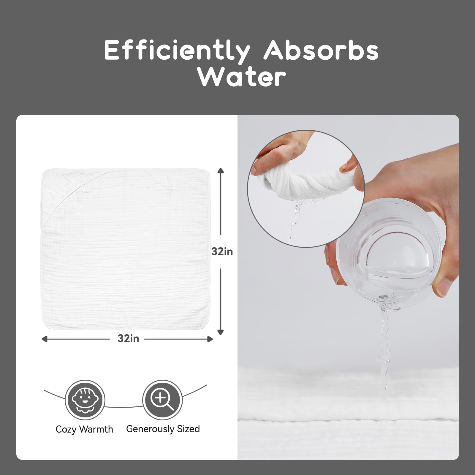 Toallas con capucha para bebés y niños pequeños, toalla de baño de muselina suave y absorbente para niños y niñas (color blanco, 1 unidad)
