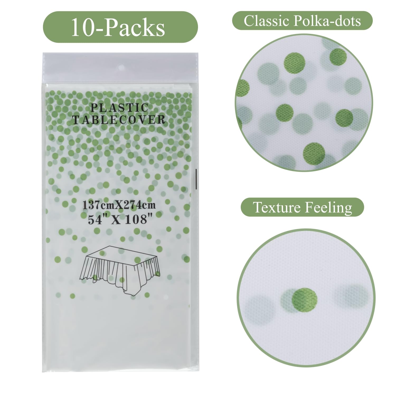 CEILIWEN 10 Pack Rectangular Plastic Tablecloths, White & Green Party Table Covers (274x137cm) - Image 2